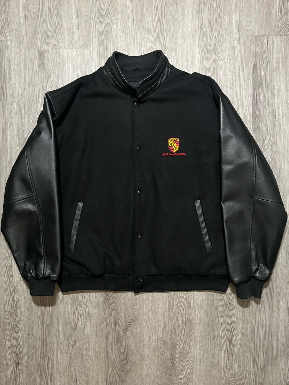 Vintage Porsche Wool genuine leather logo, embroidered bomber varsity jacket XXL